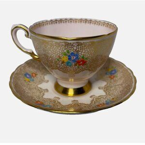 Tuscan English Bone China Tea Cup & Saucer Pink and Gold Leaf with Floral multi